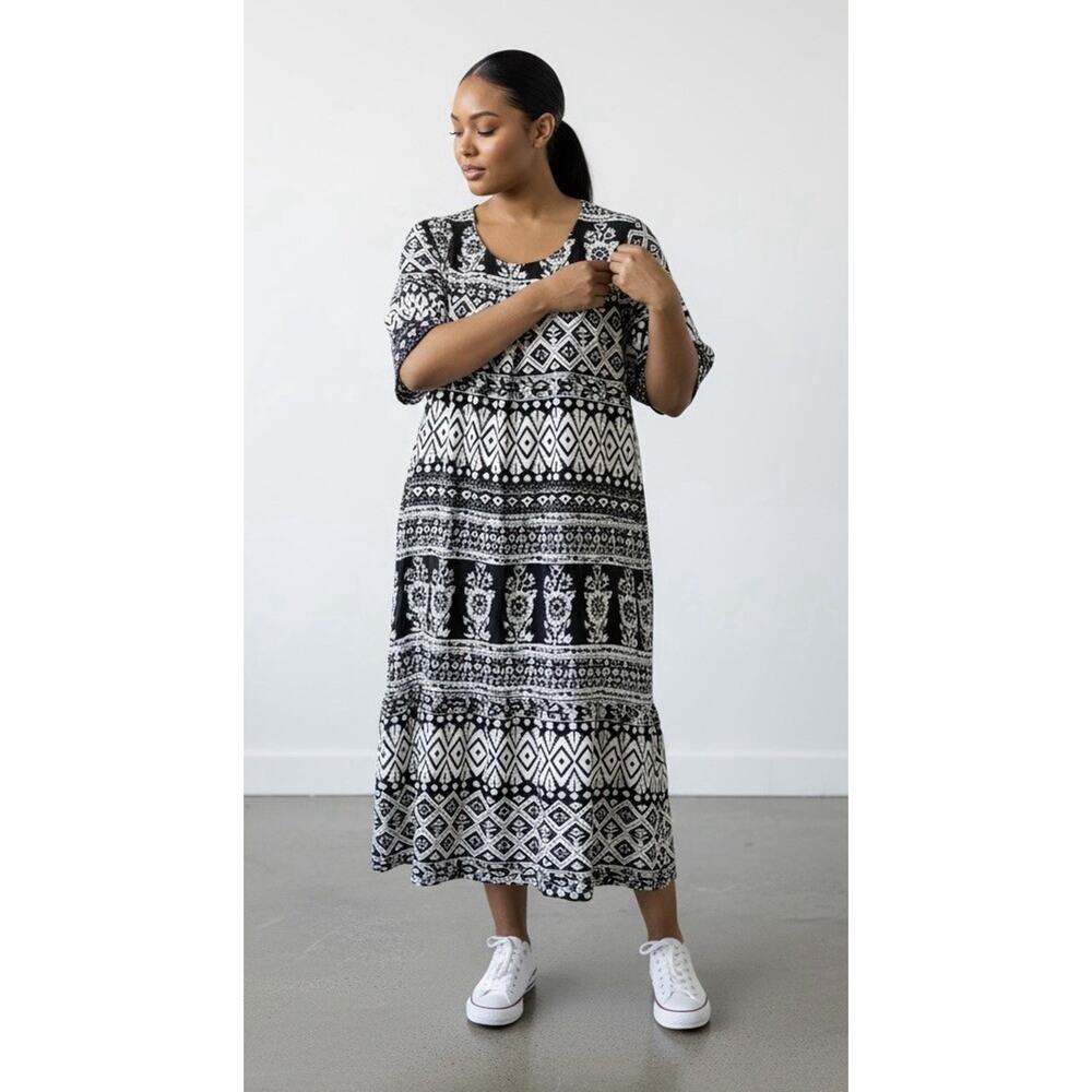 La Cera Women Short Sleeves Geometric BlackWhite Size 2X Dress Summer Spring